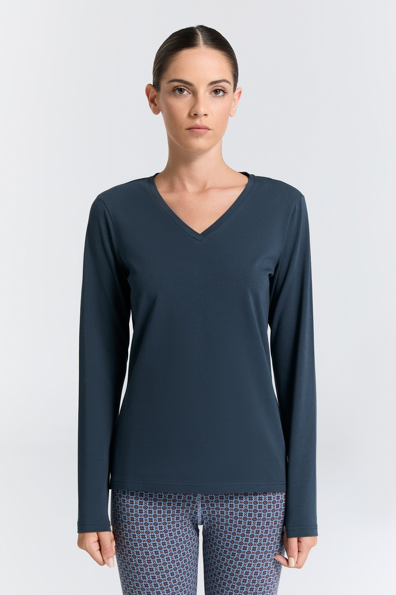 4413-048 | Damen V-Neck Langarmshirt - Navy