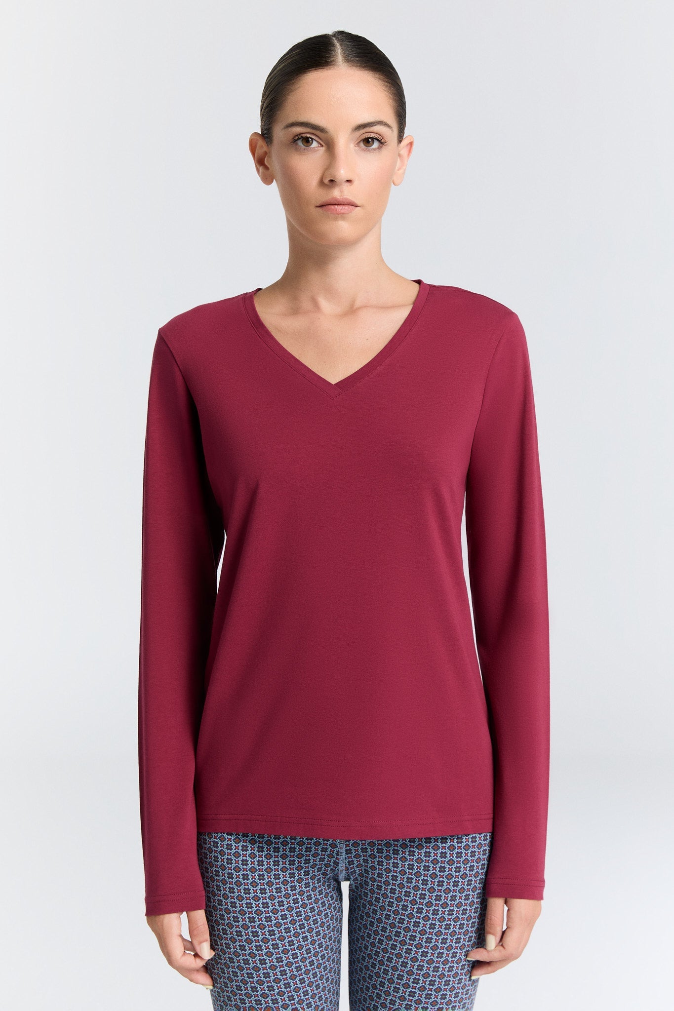4413-069 | Damen V-Neck Langarmshirt - Rosarot