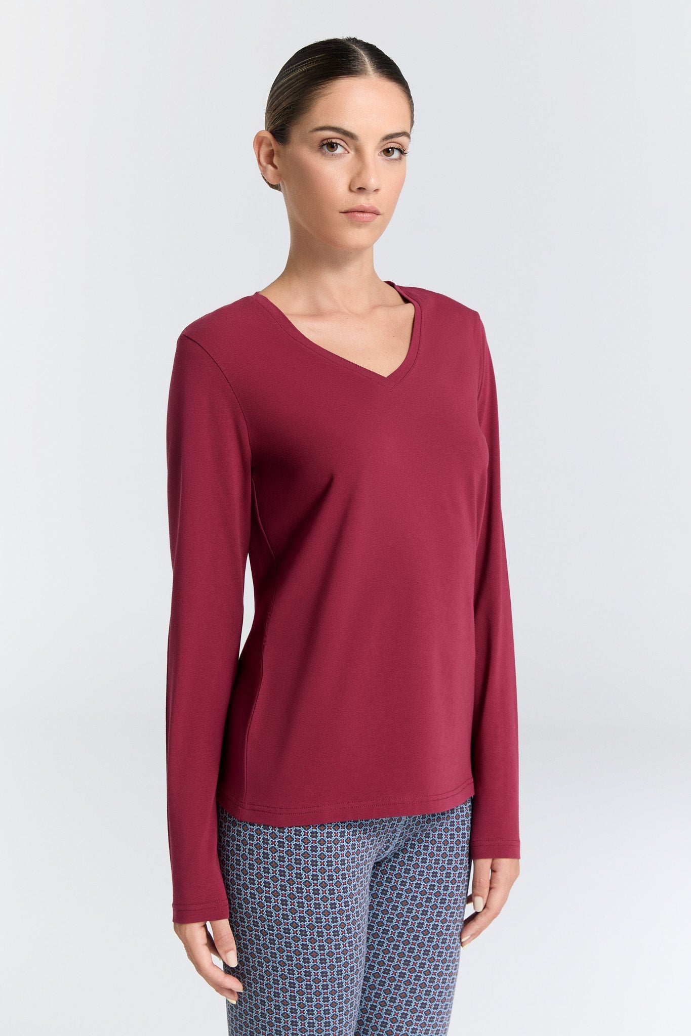 4413-069 | Damen V-Neck Langarmshirt - Rosarot