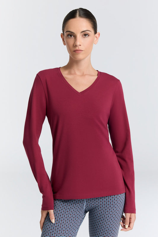4413-069 | Damen V-Neck Langarmshirt - Rosarot