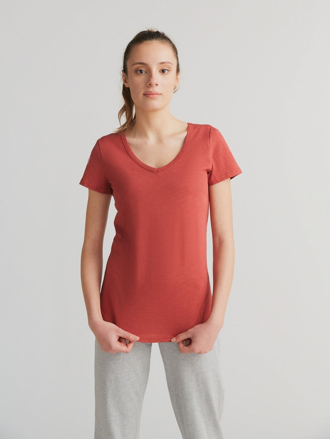 1223-052 | Damen Flammé V-Neck T-Shirt - Terracotta